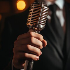 A singer holds a vintage microphone onstage, perhaps at a wedding or business event.  The scene is close-up, with dramatic lighting.