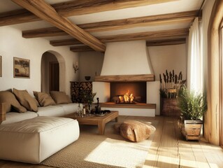 Fototapeta premium Rustic Living Room With Cozy Fireplace And Wooden Beams