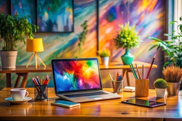 Creative Desk Setup with Laptop and Art Materials for Inspiration