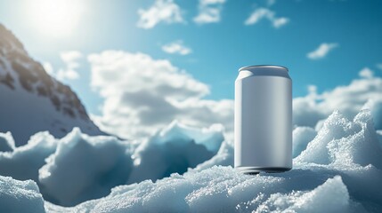 Obraz premium Blank soda can in pristine snowy landscape with bright sunlight, showcasing environmental beauty and the contrast between nature and man-made items in a serene setting