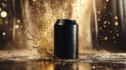 A Dramatic Splash of Refreshment: A Black Soda Can Surrounded by Cascading Liquid and Sparkling Water Droplets in Warm Ambient Lighting