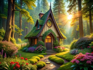 Fototapeta premium Enchanting Tiny House in Lush Forest - Whimsical Architecture and Nature Harmony