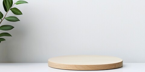 Minimalist wooden display platform on white surface with green leaf.