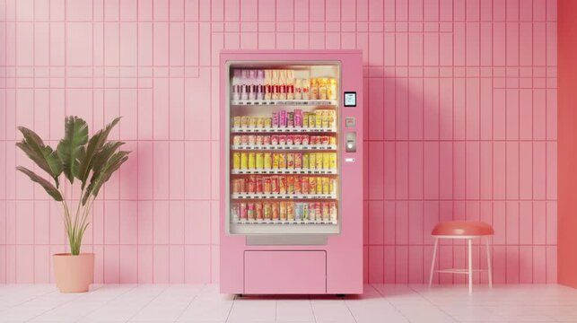 White vending machine with pink background and sun light video footage copy space.