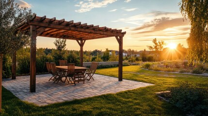 Obraz premium A wooden pergola with a dining table in a lush garden at sunset.