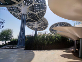 Large solar panels in rainforest. Alternative solar energy. Electrification of the dubai....