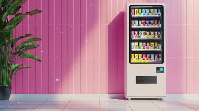 White vending machine with pink background and sun light video footage copy space.