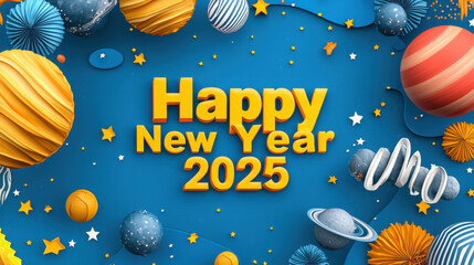Naklejka premium Happy New Year 2025 celebration with colorful decorations, stars, and planets creating festive atmosphere. Perfect for greeting cards and social media posts