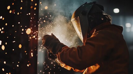 Naklejka premium A focused shot of a welder wearing protective gear amid sparks, Welding site scene, Industrial craftsmanship style