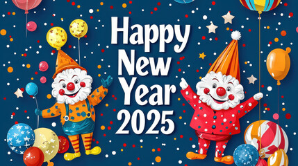 Fototapeta premium Happy New Year 2025 celebration with cheerful clowns, colorful balloons, and festive decorations. joyful atmosphere filled with excitement and fun!