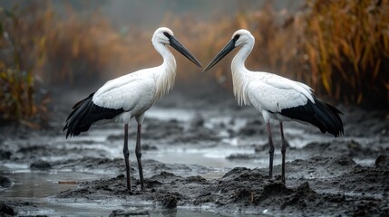 Obraz premium Two majestic black-necked storks face each other in a tranquil wetland setting, their elegant forms reflected in the still water.