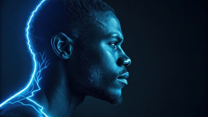 Obraz premium The profile shows a person with a strong jawline illuminated by electric blue neon accents. The light plays off the curves of the face creating a dramatic effect that highlights