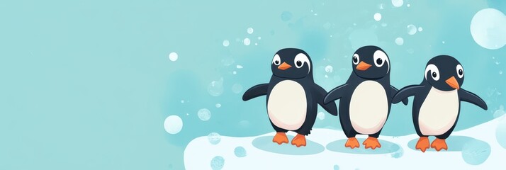 Celebrate World penguin day with adorable cartoon penguins in a winter wonderland. Horizontal banner. Copy space. World Wildlife Day. Flat illustration