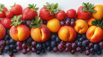 Obraz premium pattern of peaches, strawberries, and grapes on a clean white background.