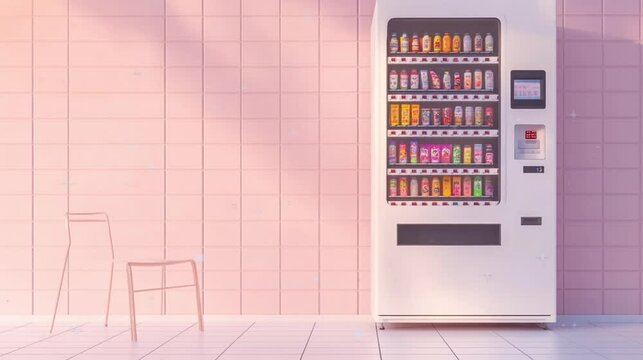 White vending machine with pink background and sun light video footage copy space.