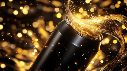 3D Mockup Black can with golden liquid flowing out amidst a shimmering backdrop of sparkling golden lights creating a festive and celebratory atmosphere
