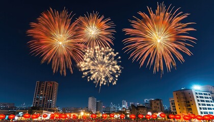 Naklejka premium Chinese New Year Stunning fireworks illuminate the night sky, celebrating cultural festivals in a vibrant urban setting.