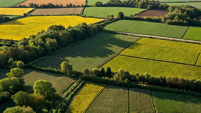 Video footage of Aerial view of patchwork green and yellow fields divided by hedgerows and trees, illustrating diverse agricultural land use and natural landscape patterns