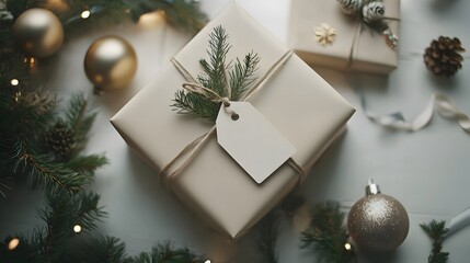 Elegant christmas gift with pine branch and ornament decorations