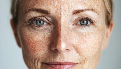 Close-up of face with deep wrinkles and rejuvenated skin