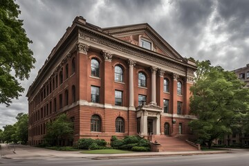 An old-school office interior with vintage wooden furniture, leather chairs, bookshelves, and classic lamps. The room has patterned wallpaper, crown molding. 