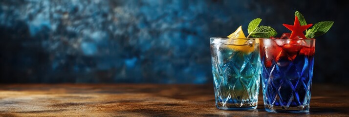 World cocktail day. Refreshing summer drinks. Horizontal banner. Copy space. Beautiful blue cocktails on a wooden table, stone background