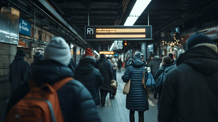 Fototapeta premium Blank subway sign mockup in a busy winter subway station people bundled up in coats and scarves with holiday decorations
