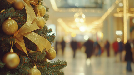 Colorful and vibrant mall decorated with giant Christmas tree and floating ornaments, creating a whimsical holiday shopping experience.
