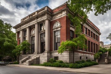 An old-school office interior with vintage wooden furniture, leather chairs, bookshelves, and classic lamps. The room has patterned wallpaper, crown molding. 