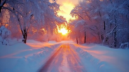 Beautiful winter landscape with road and snow covered trees at sunset.