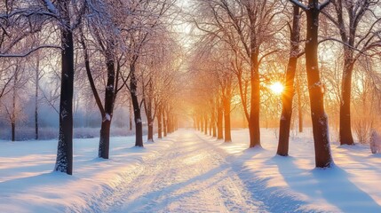 Obraz premium Beautiful winter landscape with road and snow covered trees at sunset.