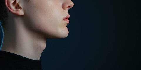 Fototapeta premium Profile view of a young man's face and neck against a dark background.