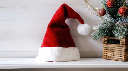 Obraz premium A Red Santa Hat with White Pompom, Christmas Hat Isolated on White Background - A Symbol of Holiday Cheer. The Vibrant Red of the Hat Standing Out Against the Pure White, with the White Pompom Adding 