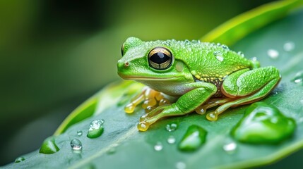 Obraz premium Green Tree Frog on a Leaf