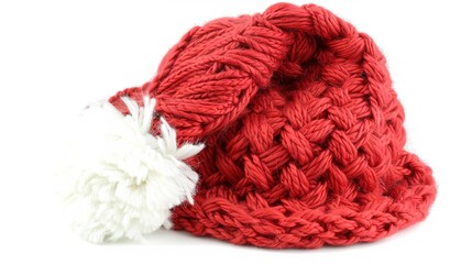 Fototapeta premium A Red Santa Hat with White Pompom, Christmas Hat Isolated on White Background - A Symbol of Holiday Cheer. The Vibrant Red of the Hat Standing Out Against the Pure White, with the White Pompom Adding 