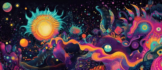 Psychedelic cosmic landscape with vibrant colors and surreal creatures.