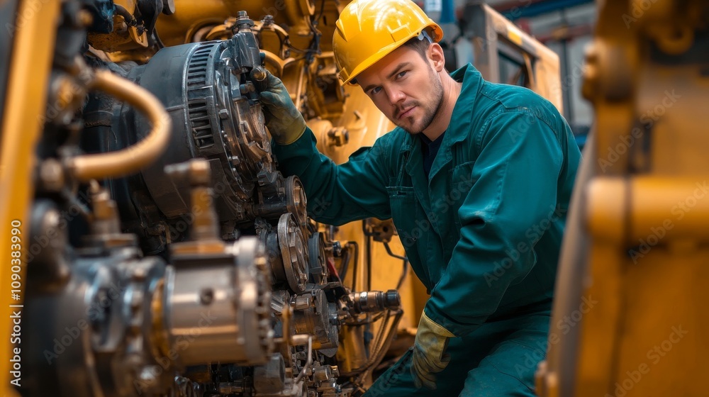 Poster a heavy machinery technician in a green jumpsuit and hard hat, inspecting a bulldozer's engine and l