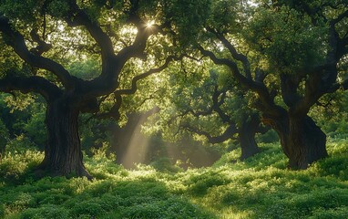 Fototapeta premium Sunbeams shining through canopy of ancient oak trees in green forest.