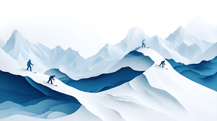 Fototapeta premium Delicate papercut mountains with snowboarders and skiers energetic and dynamic