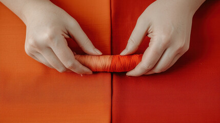 Hands holding orange thread on vibrant fabric background, showcasing creativity and craftsmanship. warm tones evoke sense of passion and artistry in textile work