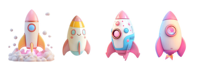 Obraz premium Colorful cartoon rockets launching with whimsical designs, perfect for children's themes.