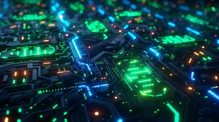 A futuristic glowing circuit board pattern with neon blue and green lights on a dark background.