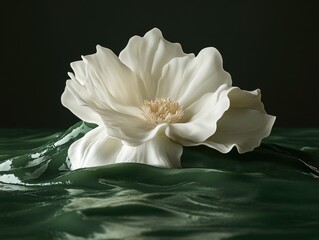 A single white peony flower with water droplets, possibly a garden decoration or an artificial creation.