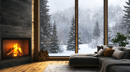 Empty mockup on the wall of a winter cabin with a roaring fire in the background and snow falling outside the window
