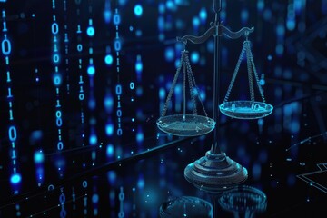 Justice scale with binary digits in the background representing digital balance of legal matters and computer science.