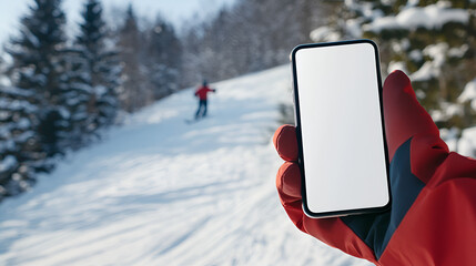 Empty smartphone screen mockup held against a snowy hillside with a skier gliding down the slope in the background