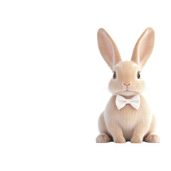 Obraz premium Adorable white rabbit wearing a bow tie against a soft pastel background, perfect for holiday themes, children's celebrations, or playful designs in festive projects.