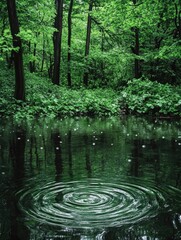 Obraz premium An idyllic forest scene featuring a circular ripple of water reflecting the greenery around it.