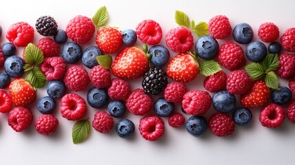 Obraz premium A colorful mix of mixed berries like raspberries and strawberries scattered across a white background, seamless 4K.