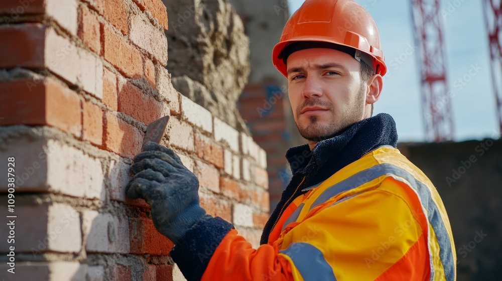 Poster a mason in a reflective jacket and helmet, holding a trowel and looking confidently at the camera, w